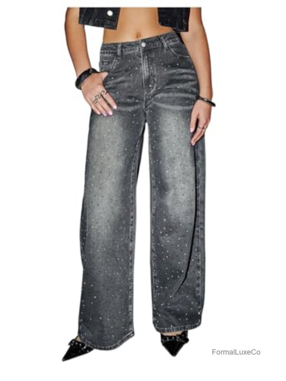 SHENHE Baggy Rhinestone Wide Leg Jeans Y2K Bling Streetwear Denim Pants